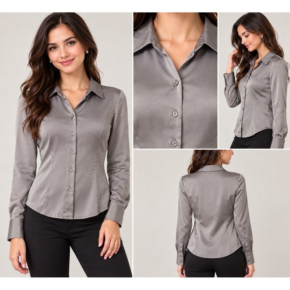 Ina Concept Grey Satin Button Up Blouse Long Sleeve Tailored Workwear Top Sz 38